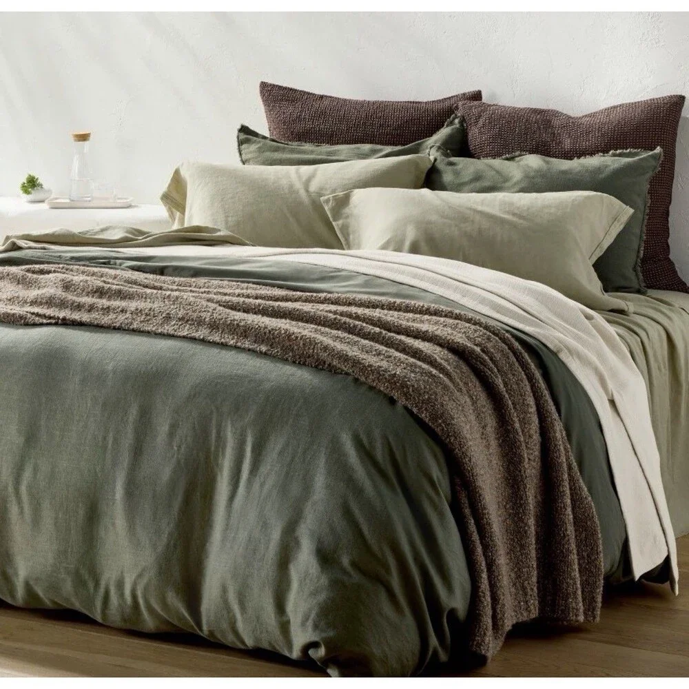 King Heavyweight Linen Blend Duvet Cover and Sham Set Olive Green - CASALUNA